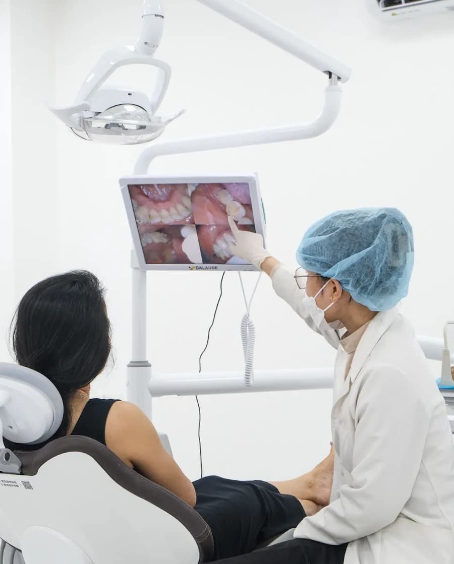 Bác sĩ chỉ rõ tình trạng răng trên ảnh chụp trong miệng phóng to trên màn hình