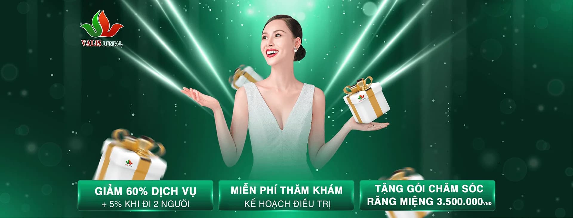 Quà tặng tri ân: giảm 60% dịch vụ, thêm 5% khi đi 2 người, miễn phí thăm khám và lên kế hoạch điều trị, tặng gói chăm sóc răng miệng 3.500.000₫.